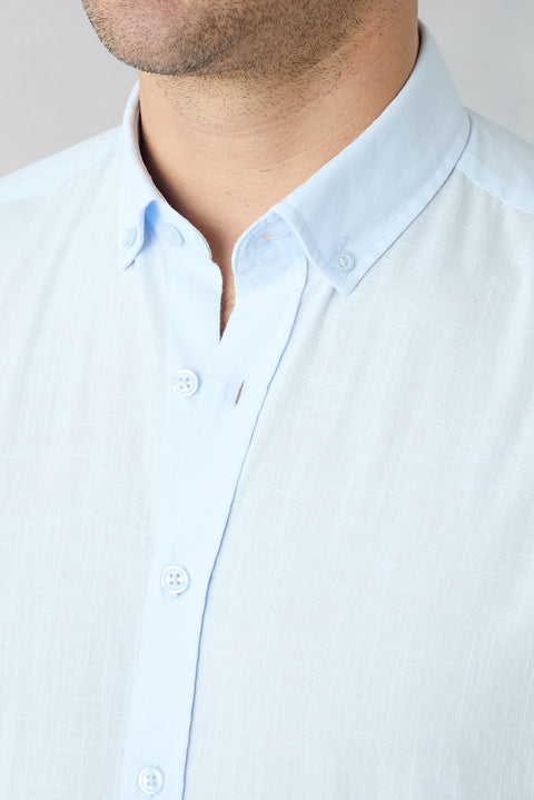 Light Blue Short Sleeve Regular Fit Button-Down Collar Sporty 100% Cotton Breathable Linen Look Shirt