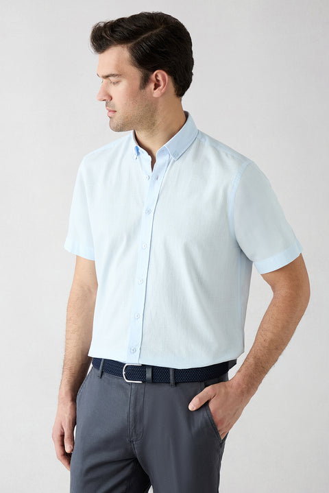 Light Blue Short Sleeve Regular Fit Button-Down Collar Sporty 100% Cotton Breathable Linen Look Shirt