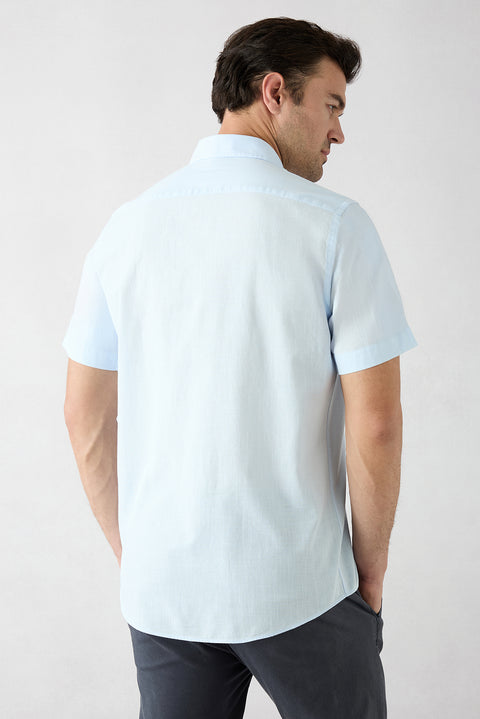 Light Blue Short Sleeve Regular Fit Button-Down Collar Sporty 100% Cotton Breathable Linen Look Shirt