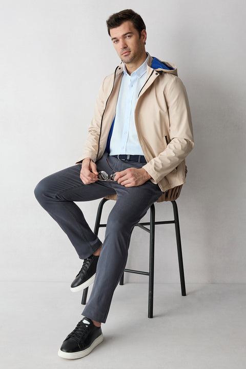 Light Blue Short Sleeve Regular Fit Button-Down Collar Sporty 100% Cotton Breathable Linen Look Shirt