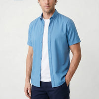 Indigo Short Sleeve Regular Fit Button-Down Collar Sporty 100% Cotton Breathable Linen-Look Shirt