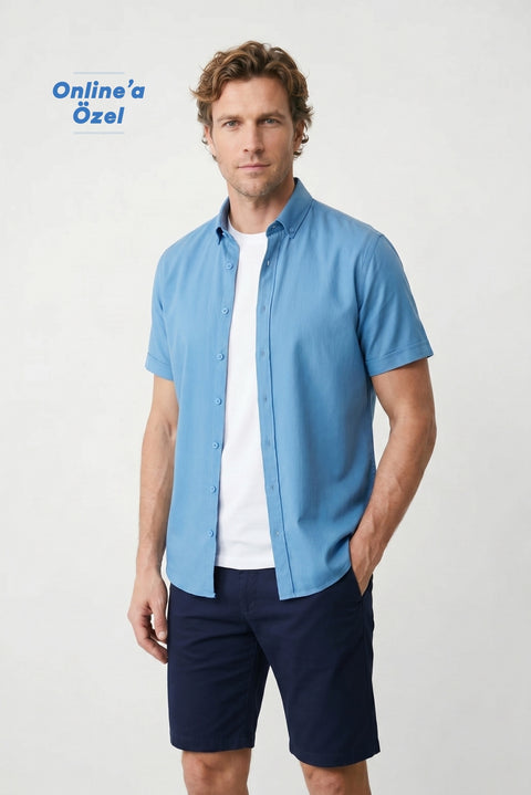 Indigo Short Sleeve Regular Fit Button-Down Collar Sporty 100% Cotton Breathable Linen-Look Shirt