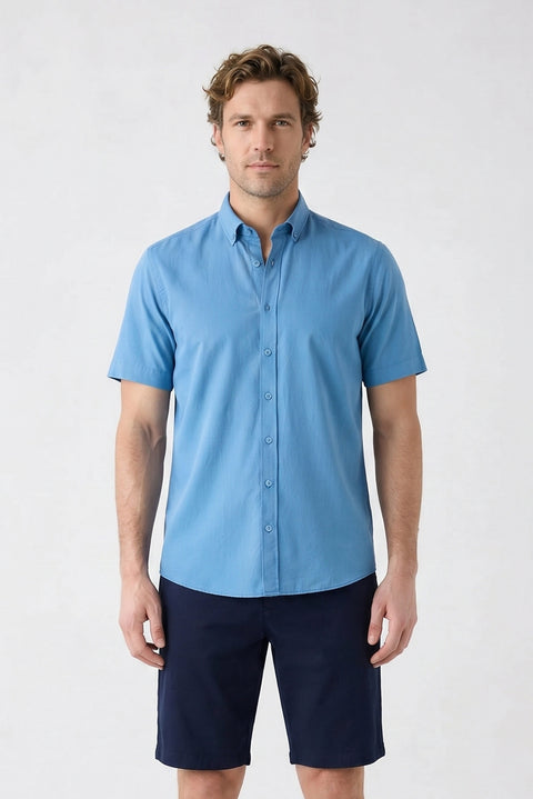 Indigo Short Sleeve Regular Fit Button-Down Collar Sporty 100% Cotton Breathable Linen-Look Shirt