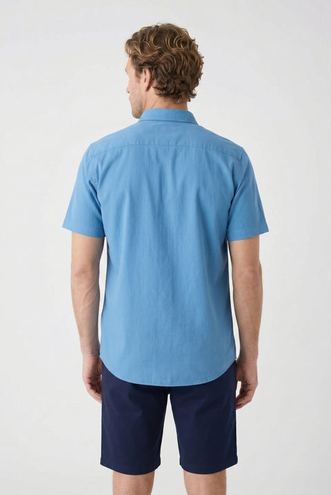 Indigo Short Sleeve Regular Fit Button-Down Collar Sporty 100% Cotton Breathable Linen-Look Shirt