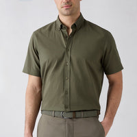 Military Khaki Short Sleeve Regular Fit Button-Down Collar Sporty 100% Cotton Breathable Linen-Look Shirt