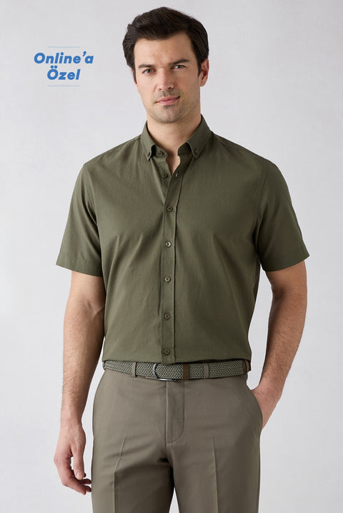 Military Khaki Short Sleeve Regular Fit Button-Down Collar Sporty 100% Cotton Breathable Linen-Look Shirt