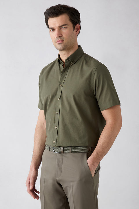 Military Khaki Short Sleeve Regular Fit Button-Down Collar Sporty 100% Cotton Breathable Linen-Look Shirt