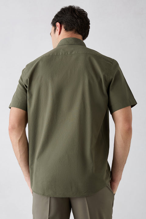 Military Khaki Short Sleeve Regular Fit Button-Down Collar Sporty 100% Cotton Breathable Linen-Look Shirt
