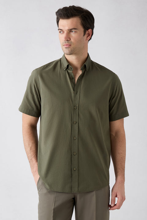 Military Khaki Short Sleeve Regular Fit Button-Down Collar Sporty 100% Cotton Breathable Linen-Look Shirt