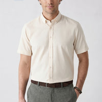 Stone Short Sleeve Regular Fit Button-Down Collar Sporty 100% Cotton Breathable Linen Look Shirt