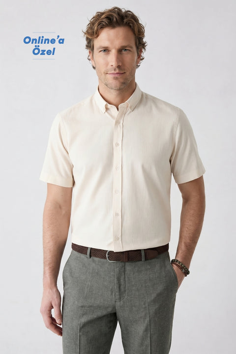 Stone Short Sleeve Regular Fit Button-Down Collar Sporty 100% Cotton Breathable Linen Look Shirt