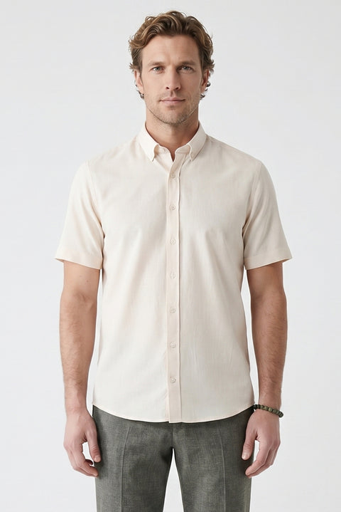 Stone Short Sleeve Regular Fit Button-Down Collar Sporty 100% Cotton Breathable Linen Look Shirt