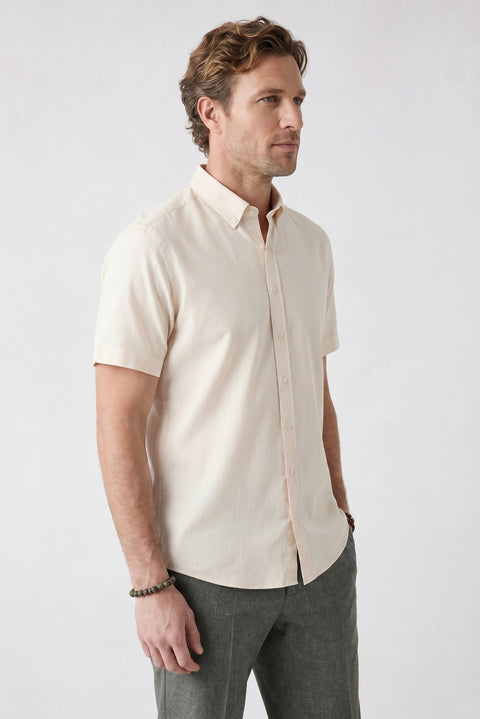 Stone Short Sleeve Regular Fit Button-Down Collar Sporty 100% Cotton Breathable Linen Look Shirt