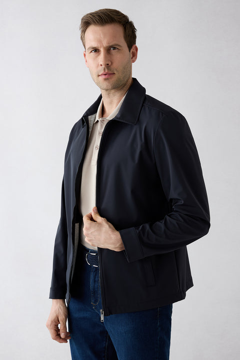 Dark Navy Baby Collar Zippered Pocket Transitional Jacket
