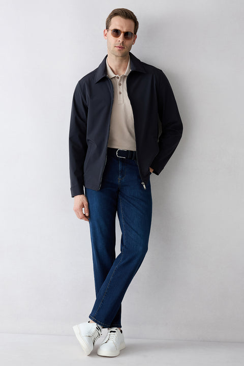 Dark Navy Baby Collar Zippered Pocket Transitional Jacket