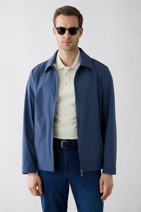 Dark Blue Baby Collar Zippered Pocketed Seasonal Jacket