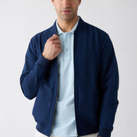 Medium Navy Blue Stand Collar Regular Fit Plain Bonded Coat