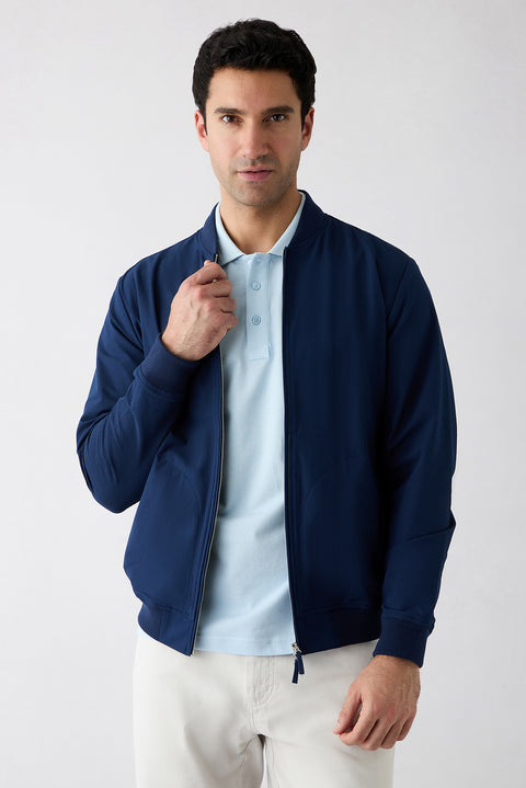 Medium Navy Blue Stand Collar Regular Fit Plain Bonded Coat