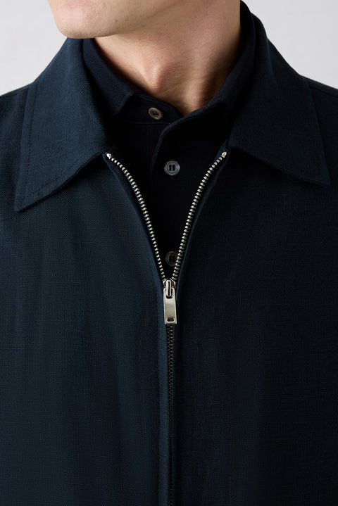 Mid-Navy Classic Collar Zippered Pocket Seasonal Linen Jacket
