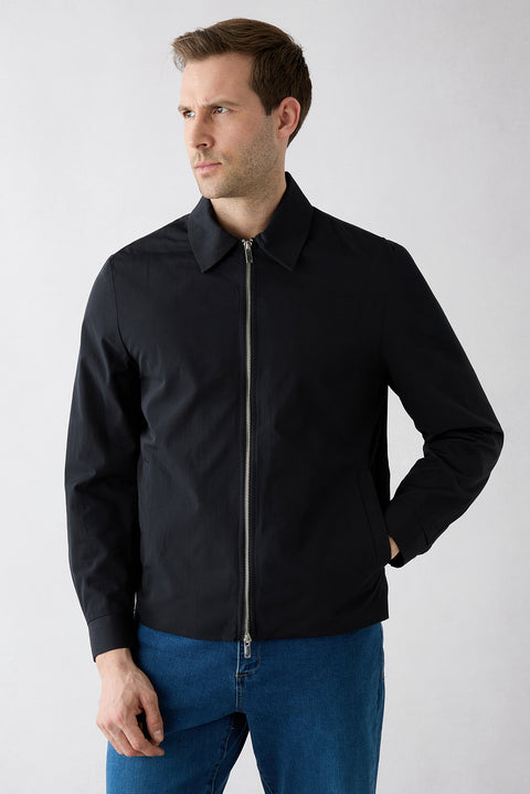 Medium Dark Blue Baby Collar Zippered Pocketed Cotton Seasonal Jacket