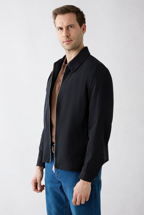 Medium Dark Blue Baby Collar Zippered Pocketed Cotton Seasonal Jacket