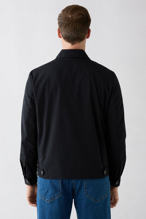 Medium Dark Blue Baby Collar Zippered Pocketed Cotton Seasonal Jacket