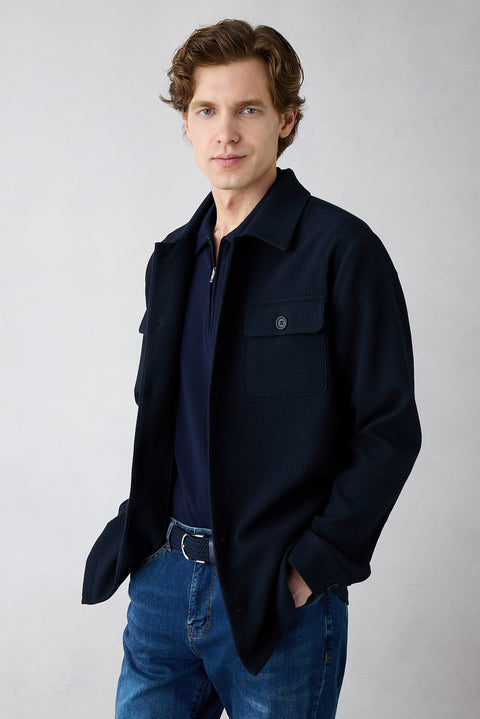 Dark Navy Buttoned Pocketed Patterned Seasonal Jacket / Coat