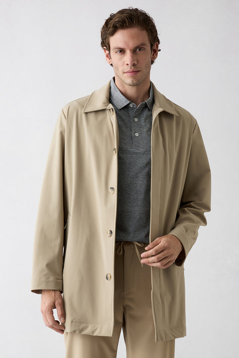 Open Beige Zipper Pocket Buttoned Classic Overcoat & Trench Coat
