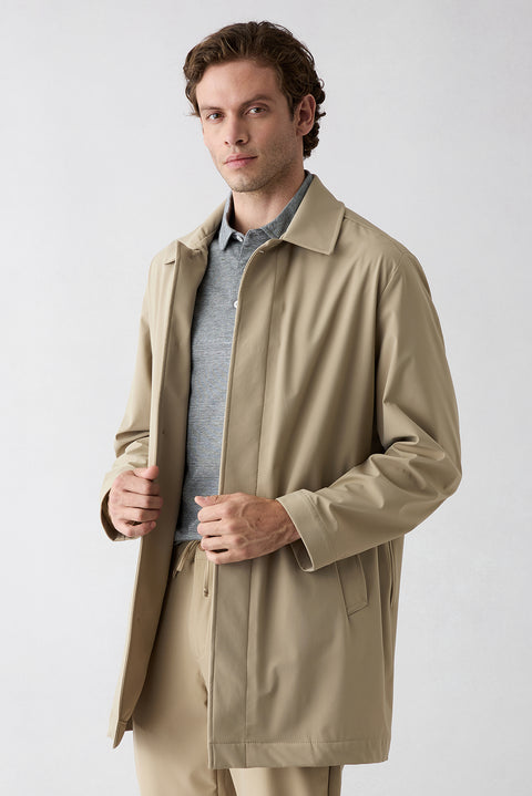 Open Beige Zipper Pocket Buttoned Classic Overcoat & Trench Coat