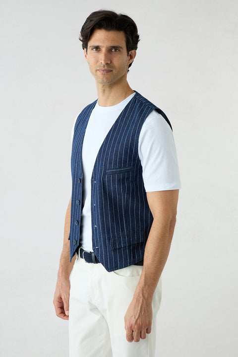 Dark Navy Regular Fit V-Neck Cotton Vest
