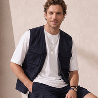 Mid-Navy V-Neck Pocketed Zippered Safari Sport Vest