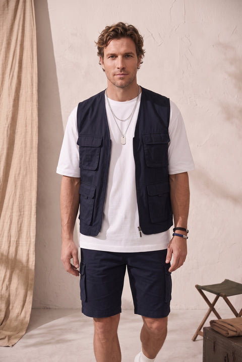 Mid-Navy V-Neck Pocketed Zippered Safari Sport Vest