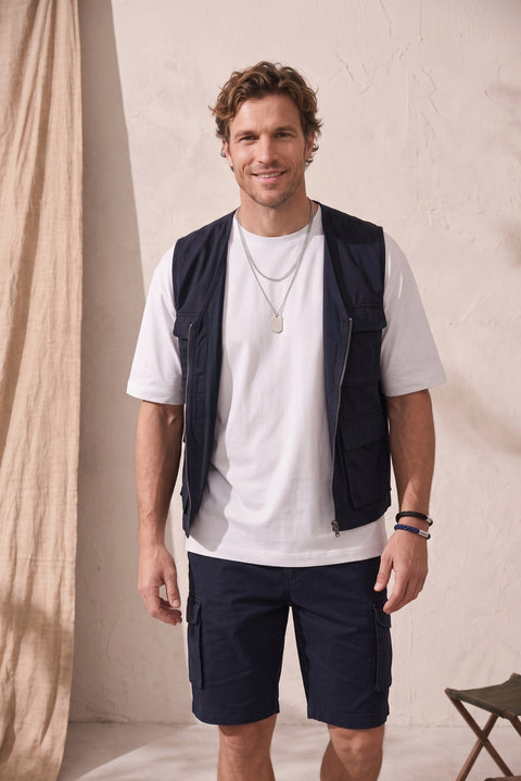 Mid-Navy V-Neck Pocketed Zippered Safari Sport Vest