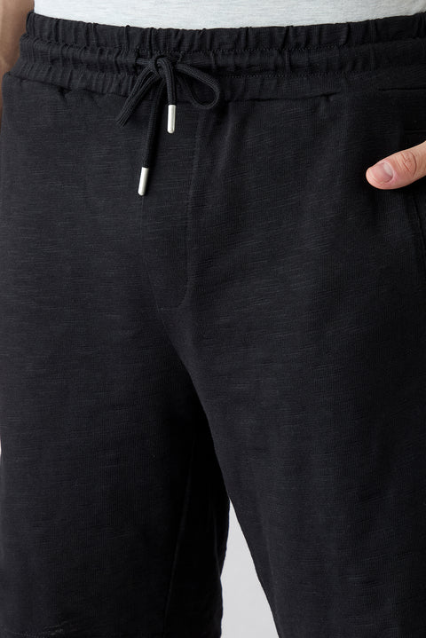 Siyah Beli İpli Örme Diz Boy Pamuk Spor Sweat Şort