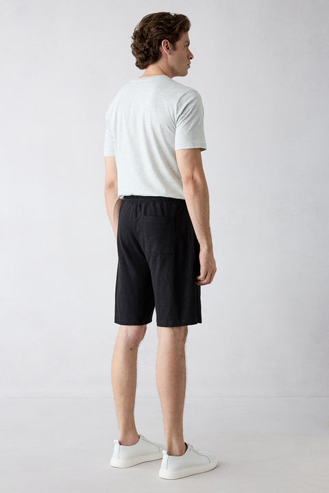 Siyah Beli İpli Örme Diz Boy Pamuk Spor Sweat Şort