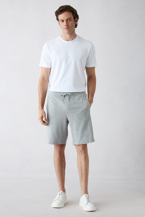 Mid Grey Marl Elasticated Waist Drawstring Knitted Knee-Length Cotton Sports Sweat Shorts