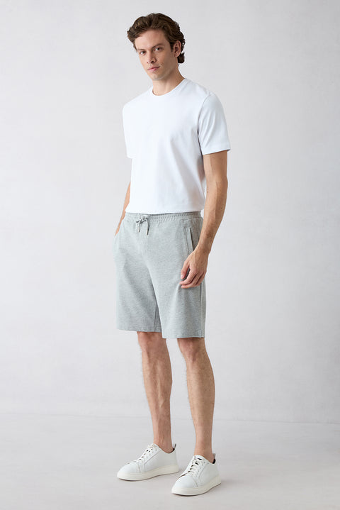 Mid Grey Marl Elasticated Waist Drawstring Knitted Knee-Length Cotton Sports Sweat Shorts