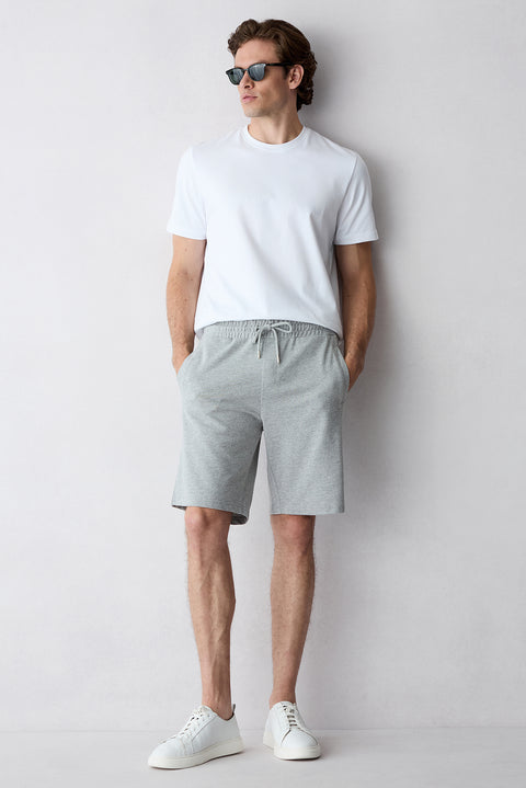 Mid Grey Marl Elasticated Waist Drawstring Knitted Knee-Length Cotton Sports Sweat Shorts