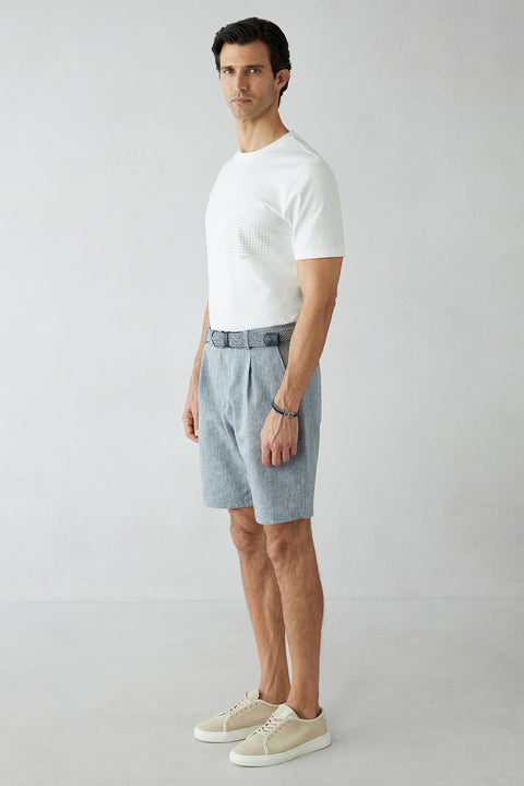 Medium Navy Straight Wide Leg Lyocel Bermuda Shorts