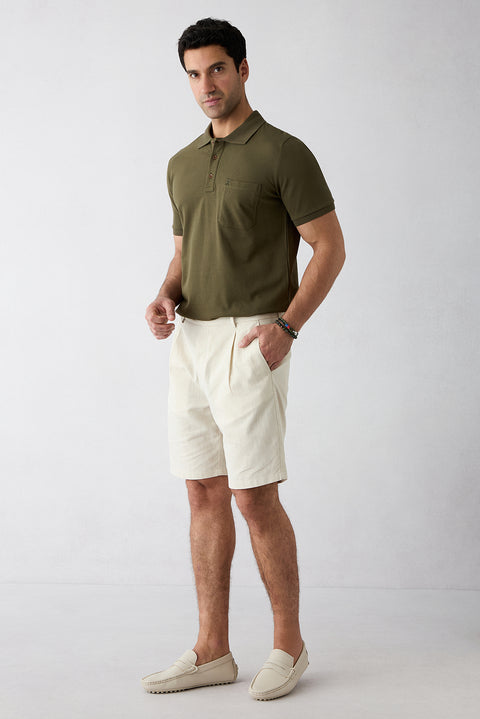 Light Beige Straight Wide Leg Lyocel Bermuda Shorts