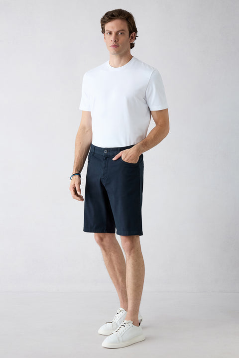 Koyu Lacivert Regular Fit Standart Kesim Düz Pamuklu 5 Cep Bermuda Şort