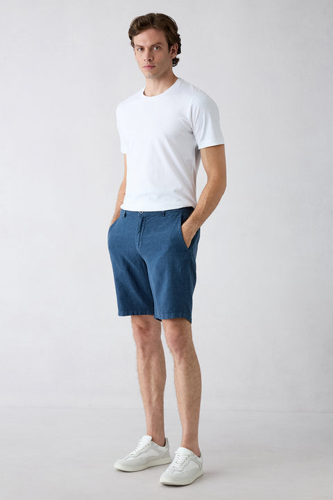 Koyu Lacivert Regular Fit Beli Lastikli Keten Karışımlı Çizgili Bermuda Şort