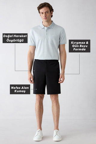  Siyah Techno-Line Regular Fit Çıtçıtlı Beli Lastikli Örme Esnek Sweat Şort