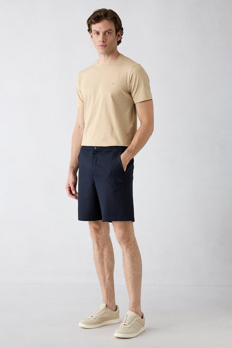 Koyu Lacivert Techno-Line Regular Fit Çıtçıtlı Beli Lastikli Örme Esnek Sweat Şort