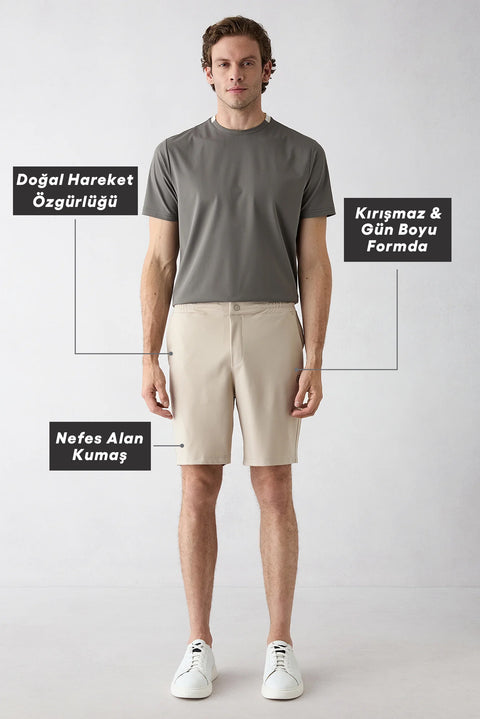 Açık Bej Techno-Line Regular Fit Çıtçıtlı Beli Lastikli Örme Esnek Sweat Şort