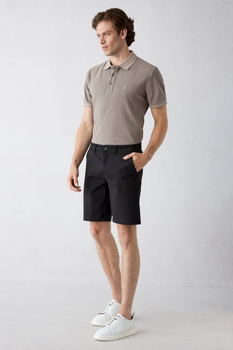 Siyah Regular Fit Standart Kesim Yan Cepli Pamuklu Bermuda Şort