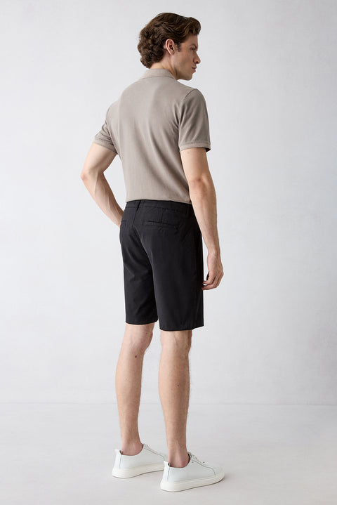Siyah Regular Fit Standart Kesim Yan Cepli Pamuklu Bermuda Şort