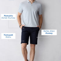 Orta Lacivert Regular Fit Standart Kesim Yan Cepli Pamuklu Bermuda Şort