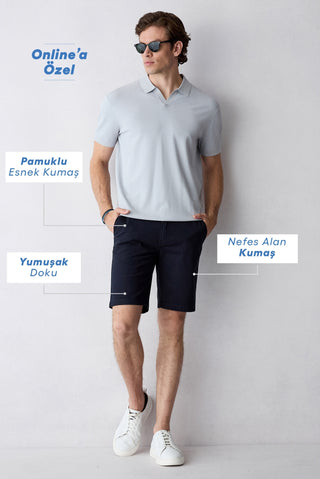  Orta Lacivert Regular Fit Standart Kesim Yan Cepli Pamuklu Bermuda Şort