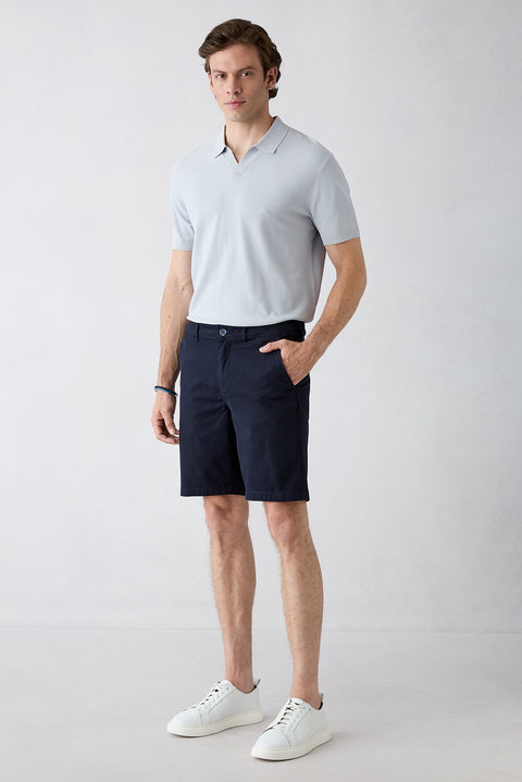 Orta Lacivert Regular Fit Standart Kesim Yan Cepli Pamuklu Bermuda Şort